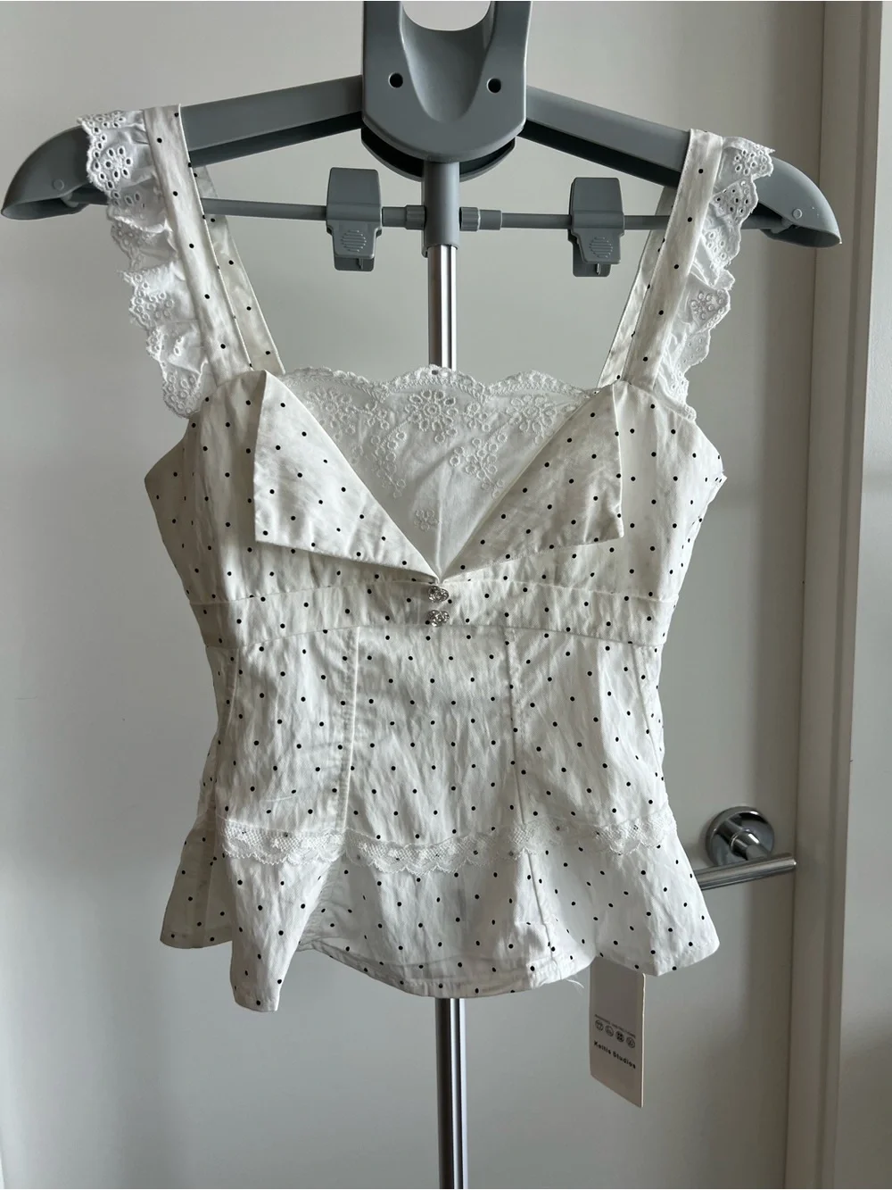 White Eyelet Polka Dot Lace Peplum Tank Top - UNIQUE One-of-a-Kind Keltis brand - Picture 2 of 2
